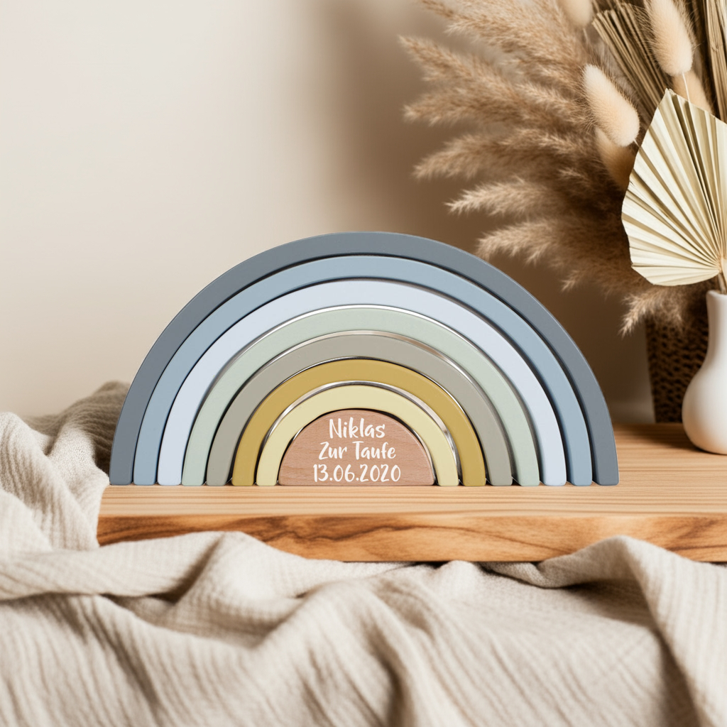 Personalisierter Stapelturm Regenbogen Blau zur Taufe – Geschenk aus Holz | Schmatzepuffer
