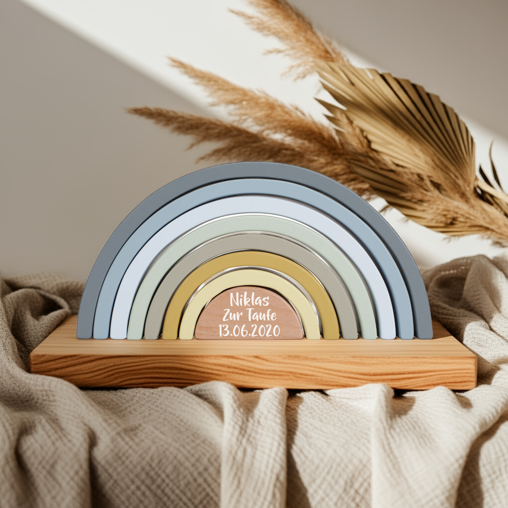 Personalisierter Stapelturm Regenbogen Blau zur Taufe – Geschenk aus Holz | Schmatzepuffer
