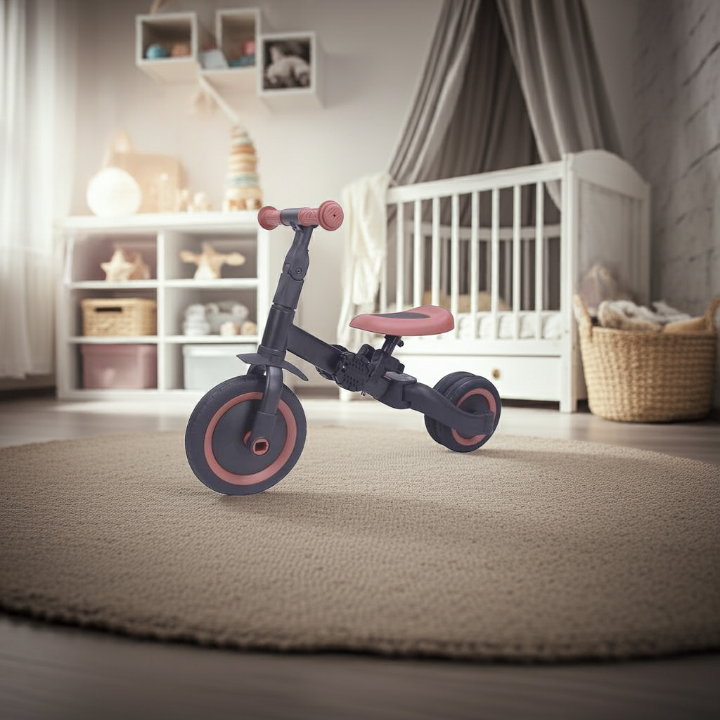 4 in 1 Dreirad und Laufrad schwarz für Kinder ab 1 Jahr im Kinderzimmer mit drei Rädern und Pedalen
