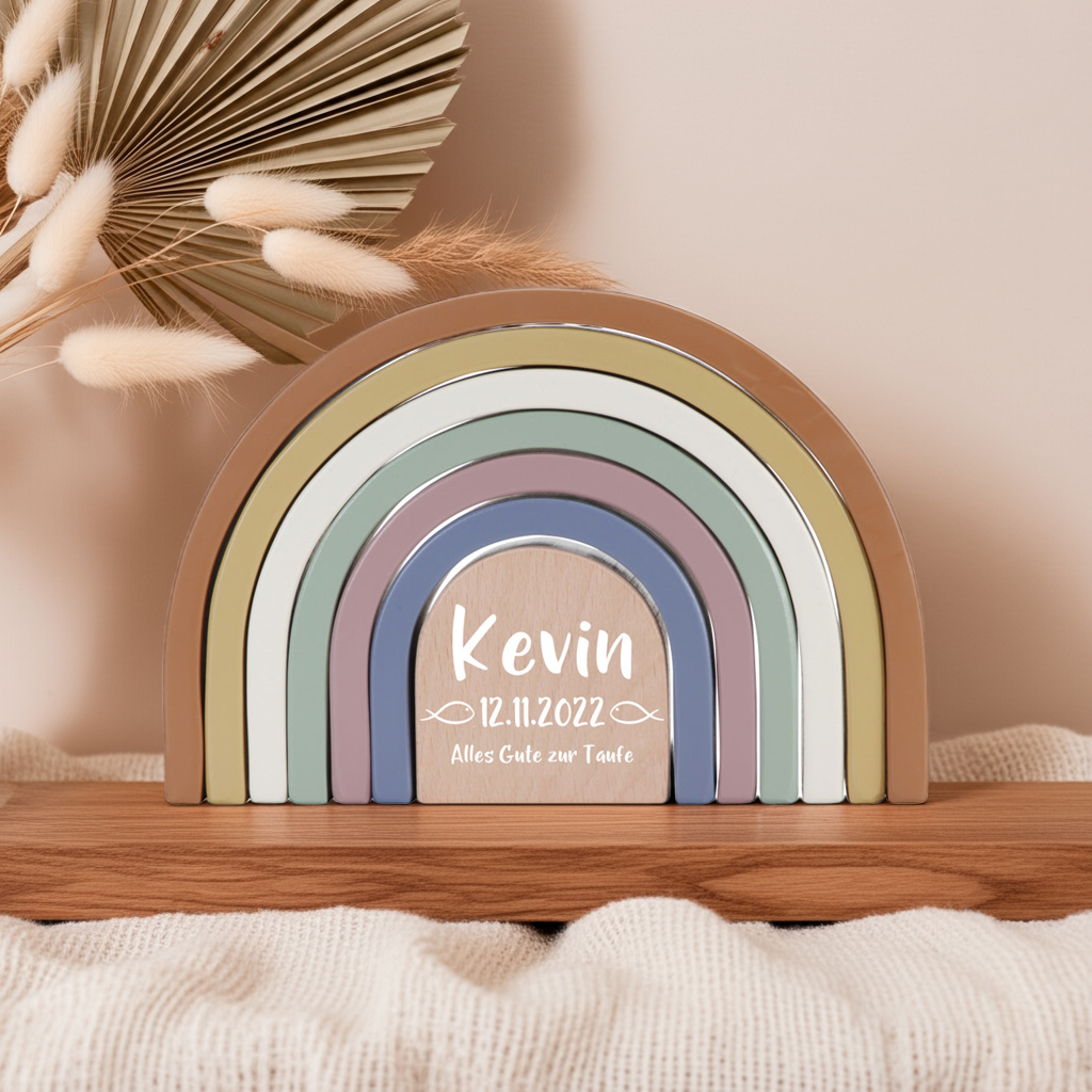 Tour à empiler personnalisée Arc-en-ciel Vintage pour le baptême – Bois imprimé | Schmatzepuffer
