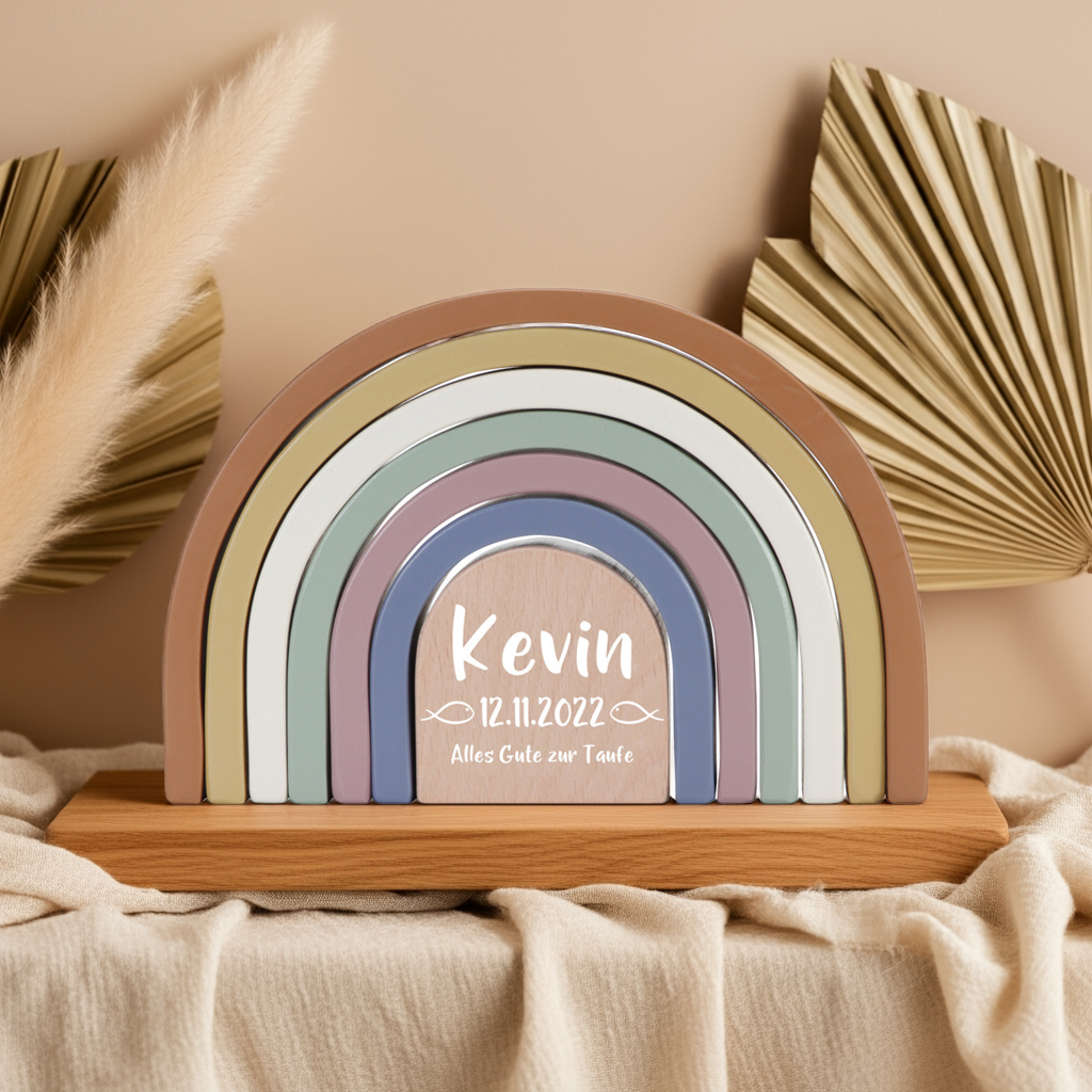 Tour à empiler personnalisée Arc-en-ciel Vintage pour le baptême – Bois imprimé | Schmatzepuffer