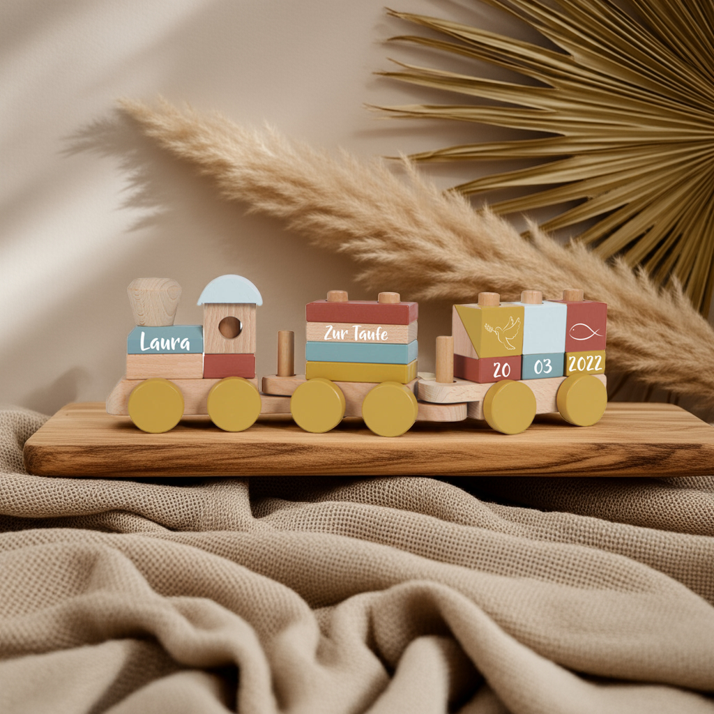 Geschenk zur Taufe mit Namen und Taufdatum – personalisierter Holzzug aus Holz