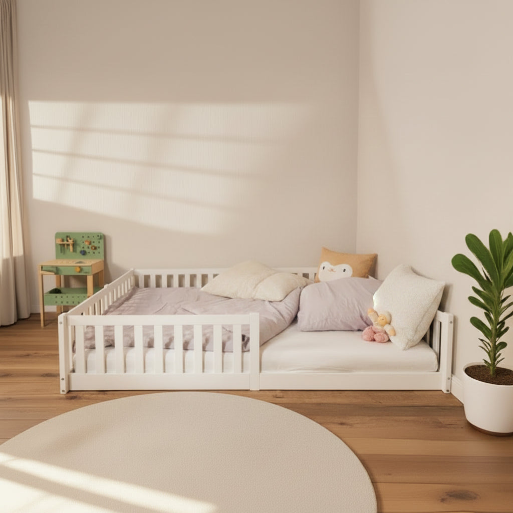 Hausbett 140x200 cm ohne Dach als umbaubares Bodenbett im Kinderzimmer, flexibel nutzbar für verschiedene Schlafphasen