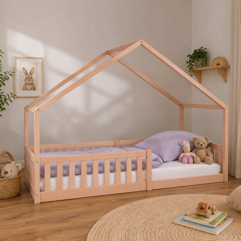 Hausbett für Kinder aus Buche natur 90x200 im modernen Kinderzimmer – Bodenbett aus Holz mit Rausfallschutz für sicheres und selbstständiges Schlafen