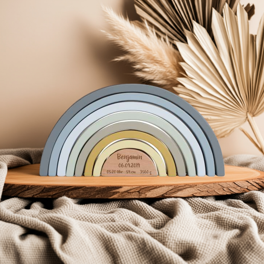 Stacking Tower Rainbow Blue personalized - Gift for birth