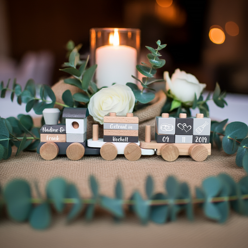 personalisiertes hochzeitsgeschenk holzzug mit namen und datum als romantische deko mit kerzen und blumen fuer das brautpaar