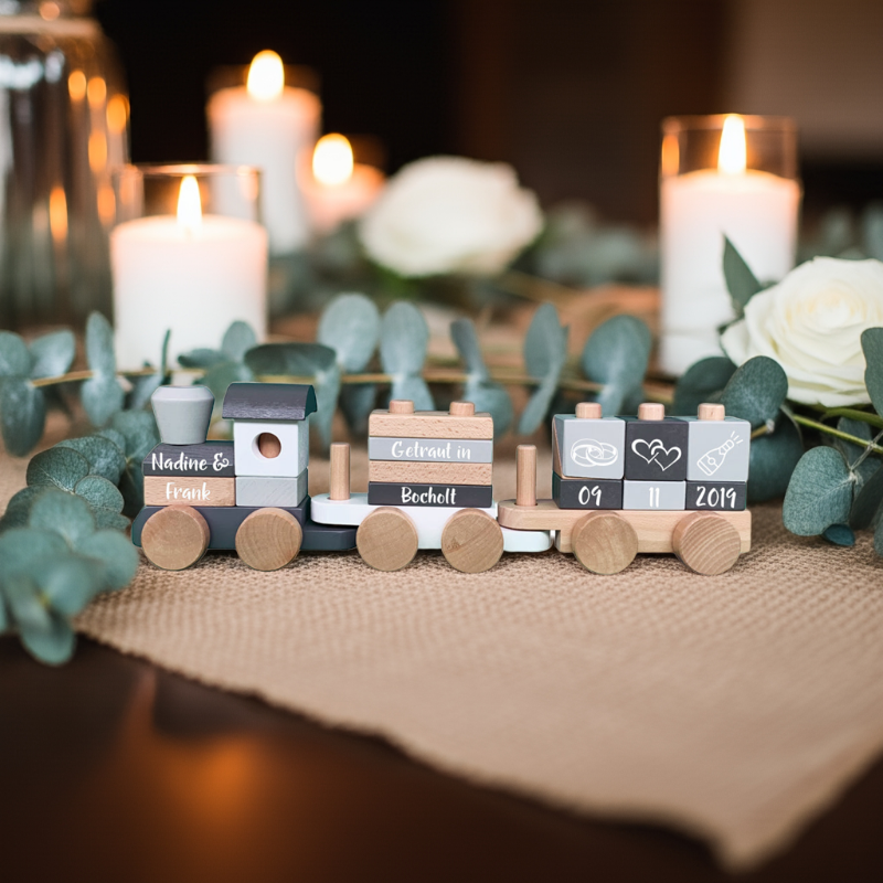 personalisiertes hochzeitsgeschenk holzzug mit namen und datum im kerzenlicht als romantische erinnerung fuer das brautpaar zur hochzeit
