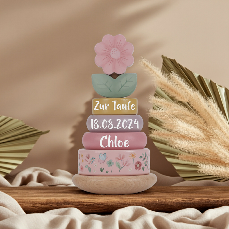 Personalisierter Holz-Stapelturm zur Taufe – liebevolles Geschenk mit Name und Datum