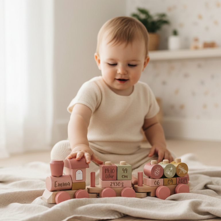 Kind mit rosa Holzzug aus Holz, personalisiert mit Name und Geburtsdaten