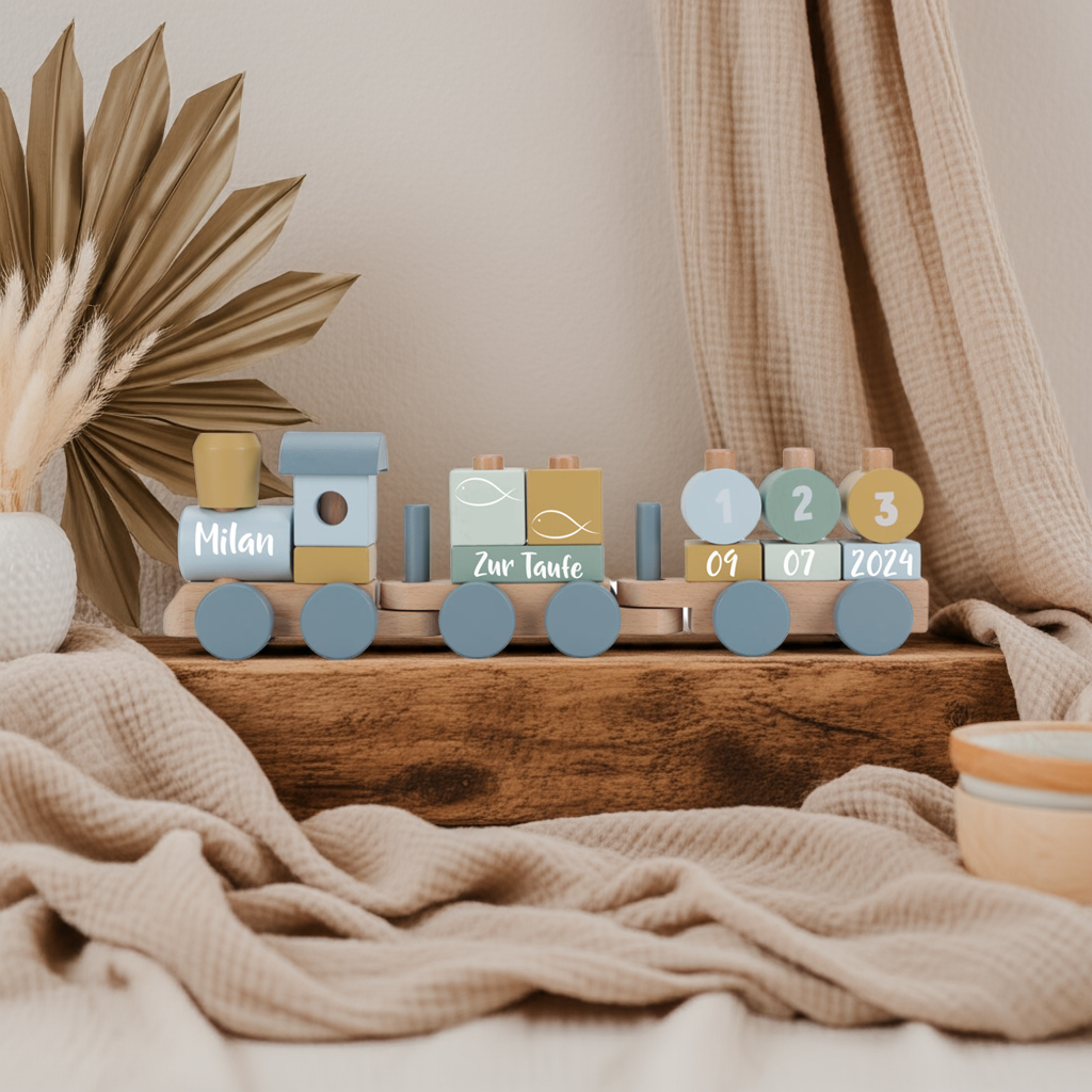 Personalisierter Holz-Zug Forest Friends - Geschenk zur Taufe