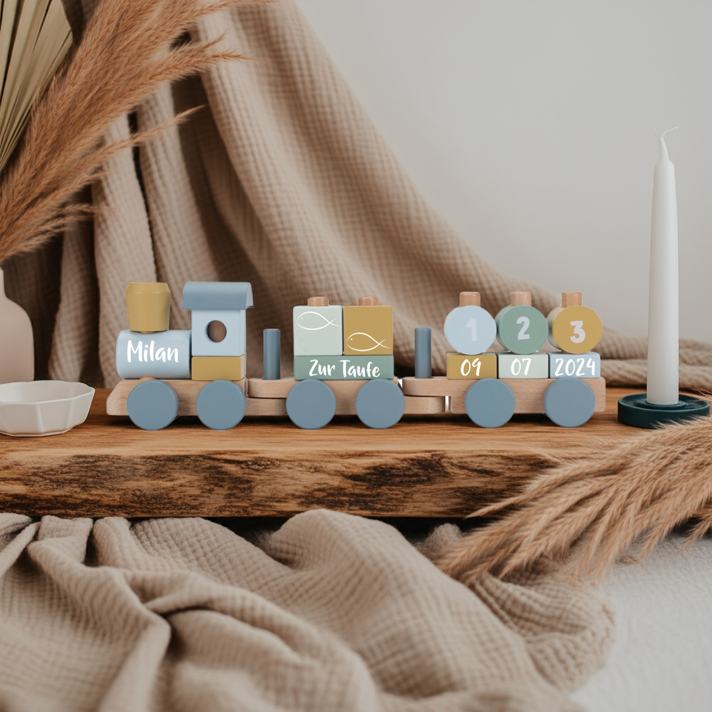 Personalisierter Holz-Zug Forest Friends - Geschenk zur Taufe