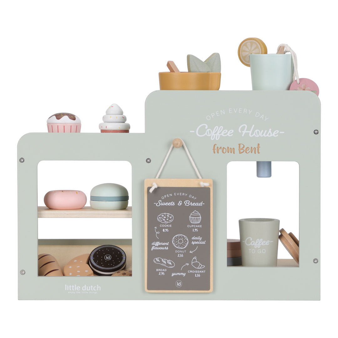Kaffee-Ecke aus Holz mit Kaffeemaschine, Gebäck, Tassen und Café-Menü für fantasievolle Rollenspiele von Kindern