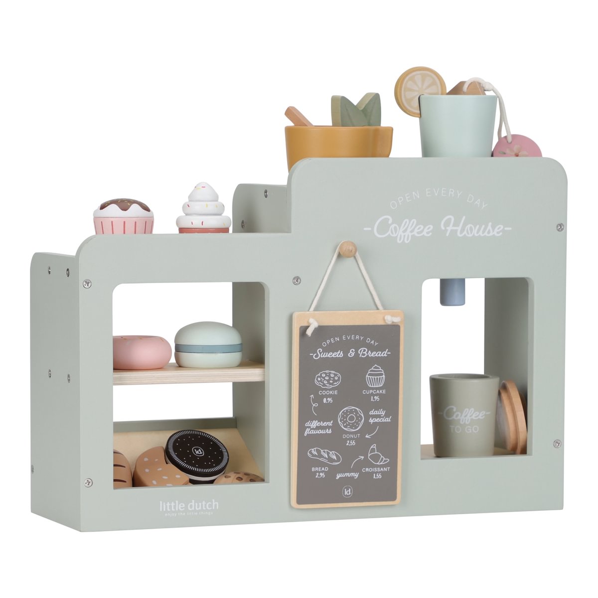 Kinder Kaffee-Ecke aus Holz mit Kaffeemaschine, Gebäck, Kaffeebecher und Menütafel für kreative Café-Rollenspiele im Kinderzimmer