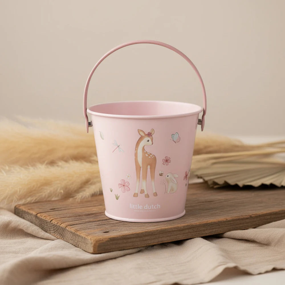Rosa Kinder-Eimer mit Tiermotiv und Blumenillustrationen für Garten und Sandkasten