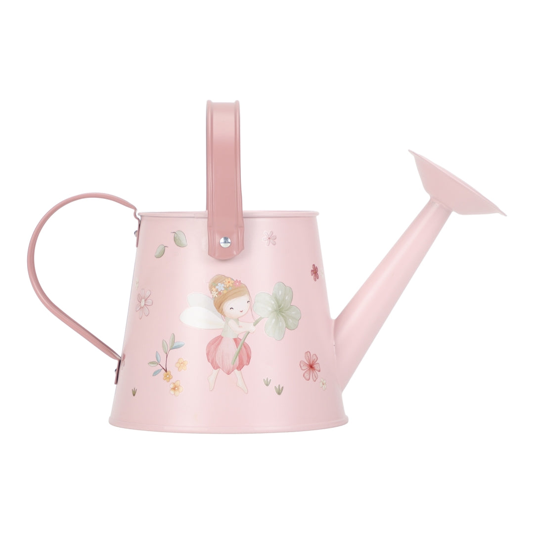 Rosa Kinder Gießkanne aus Metall mit Fairy-Garden-Motiv zum Gießen von Blumen und Pflanzen – robuste Gartengießkanne für Kinder ab 3 Jahren.