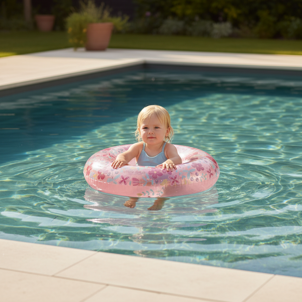 Kleinkind mit rosa Kinder-Schwimmring im Blumen-Design beim Planschen im Pool. Der aufblasbare Schwimmring ist ideal für Garten, Pool, Urlaub und sommerlichen Wasserspaß mit Kindern.