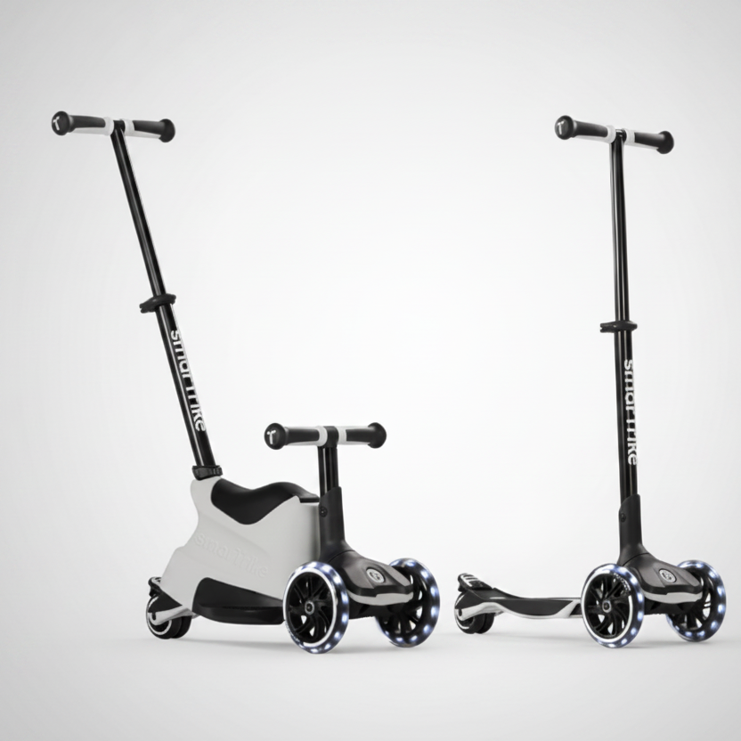 Mitwachsender Kinder Scooter mit Sitz und klassischer Scooter Variante, 4-in-1 umbaubar, LED Räder, geeignet ab 12 Monaten bis 12 Jahre