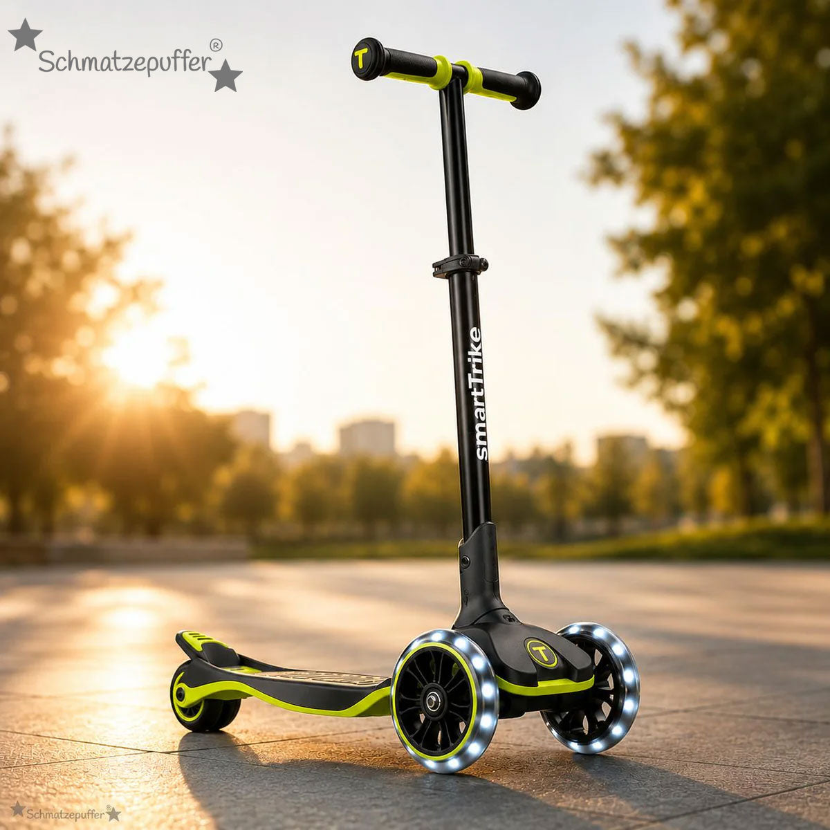 Mitwachsender Kinder Scooter mit leuchtenden LED Rädern in Schwarz Grün auf urbanem Platz bei Sonnenuntergang – stabiler Scooter für Kinder mit sicherem Fahrgefühl