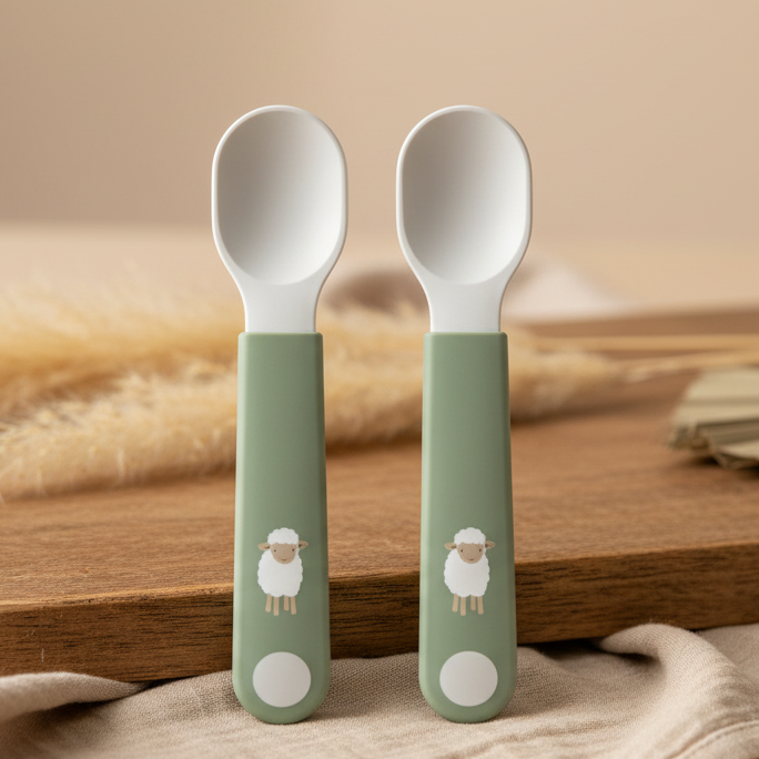 Ergonomisches Kinder Lernloeffel Set mit Bauernhof Motiv fuer Babys und Kleinkinder zum selbststaendigen Essen lernen