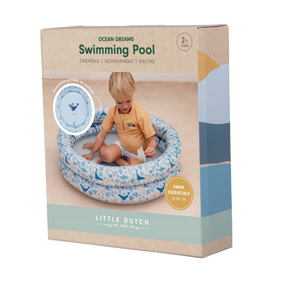 Verpackung Kinderpool 80 cm blau mit Meeresdesign und Wal Motiv, Karton mit Produktabbildung und Kind im Pool