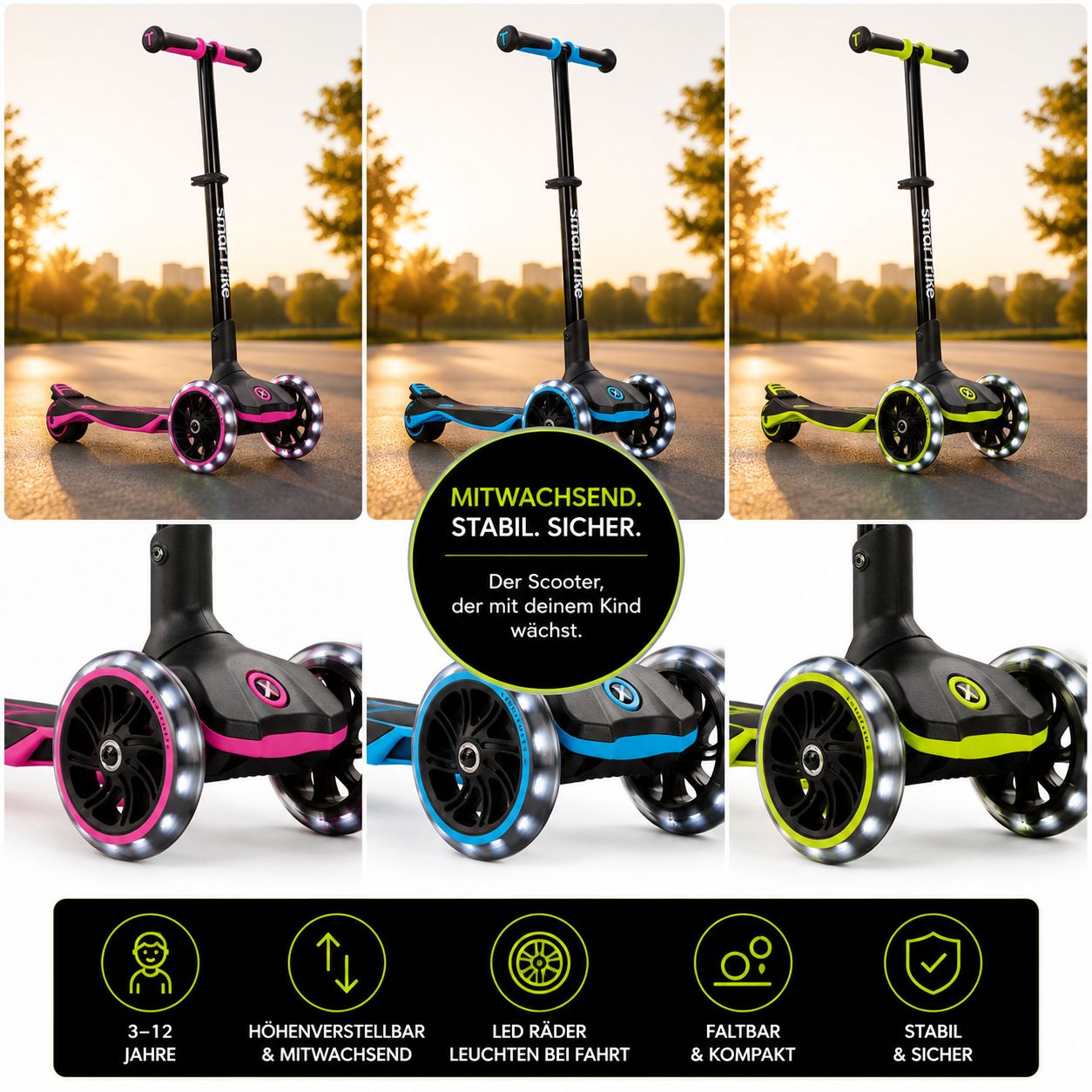 Mitwachsender Kinderroller mit LED-Rädern in Pink, Blau und Grün als Collage – stabiler Scooter für Kinder von 3 bis 12 Jahren mit höhenverstellbarem Lenker und klappbarer Funktion