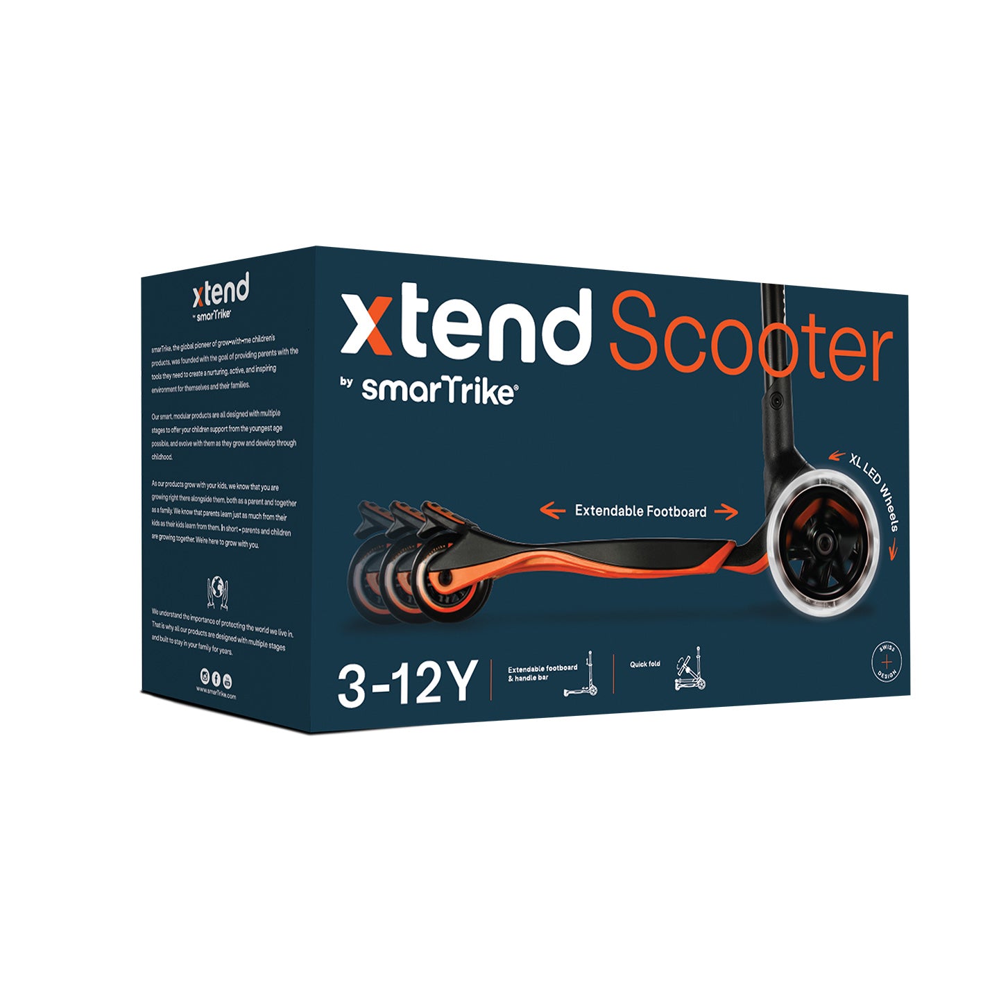 Verpackung des mitwachsenden Kinderrollers in Orange – Produktbox mit Informationen zu LED-Rädern, verstellbarem System und Nutzung von 3 bis 12 Jahren