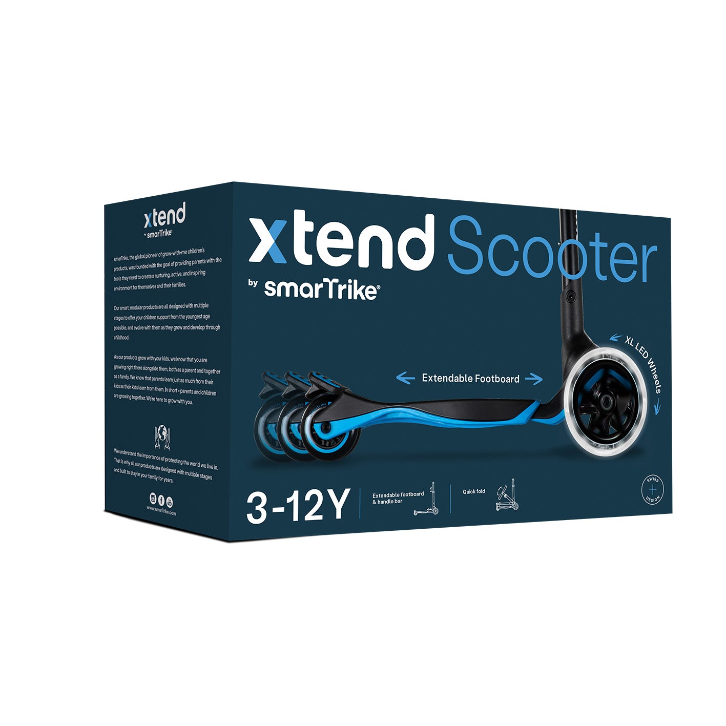 Verpackung des mitwachsenden Kinderrollers Xtend Scooter in Blau – faltbarer Scooter mit LED-Rädern für Kinder von ca. 3 bis 12 Jahren