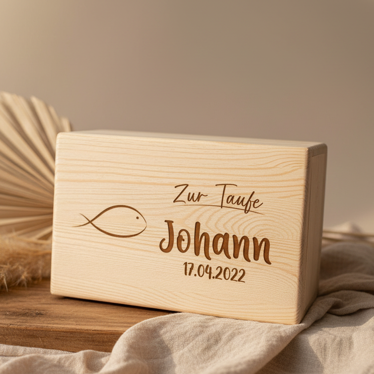Boîte à souvenirs personnalisée en bois naturel – Cadeau de baptême | Schmatzepuffer