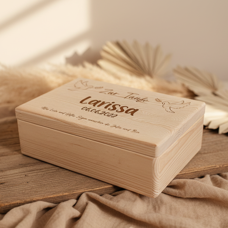 Boîte à souvenirs personnalisée en bois naturel – Cadeau de baptême | Schmatzepuffer