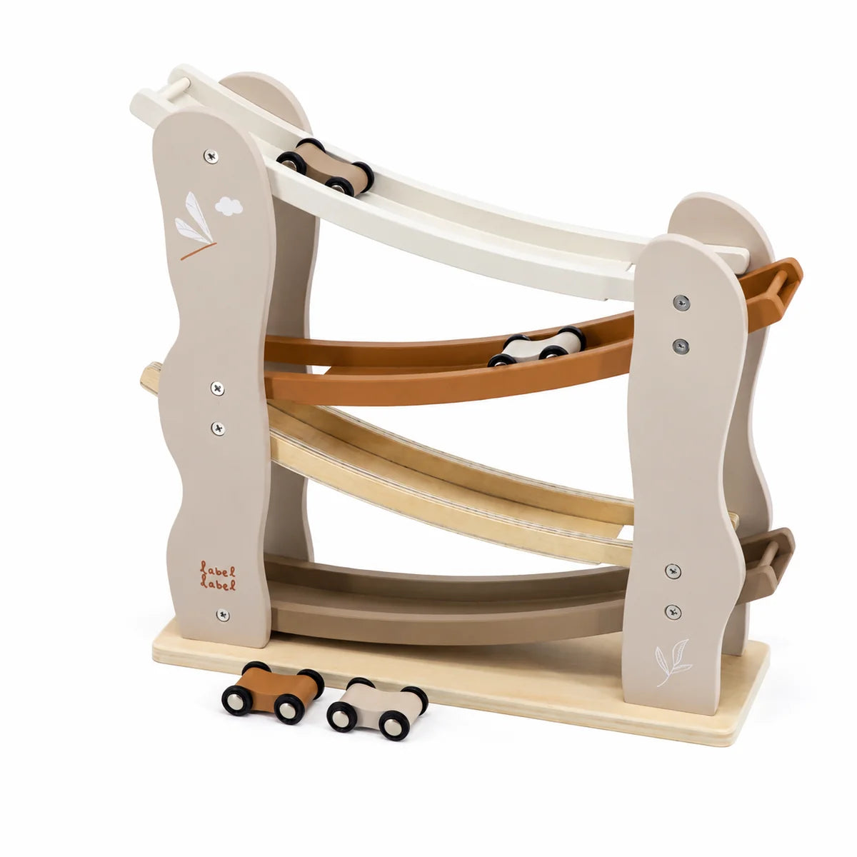 Circuit de course personnalisé en bois couleur nougat avec 4 voitures – cadeau personnalisé pour baptême