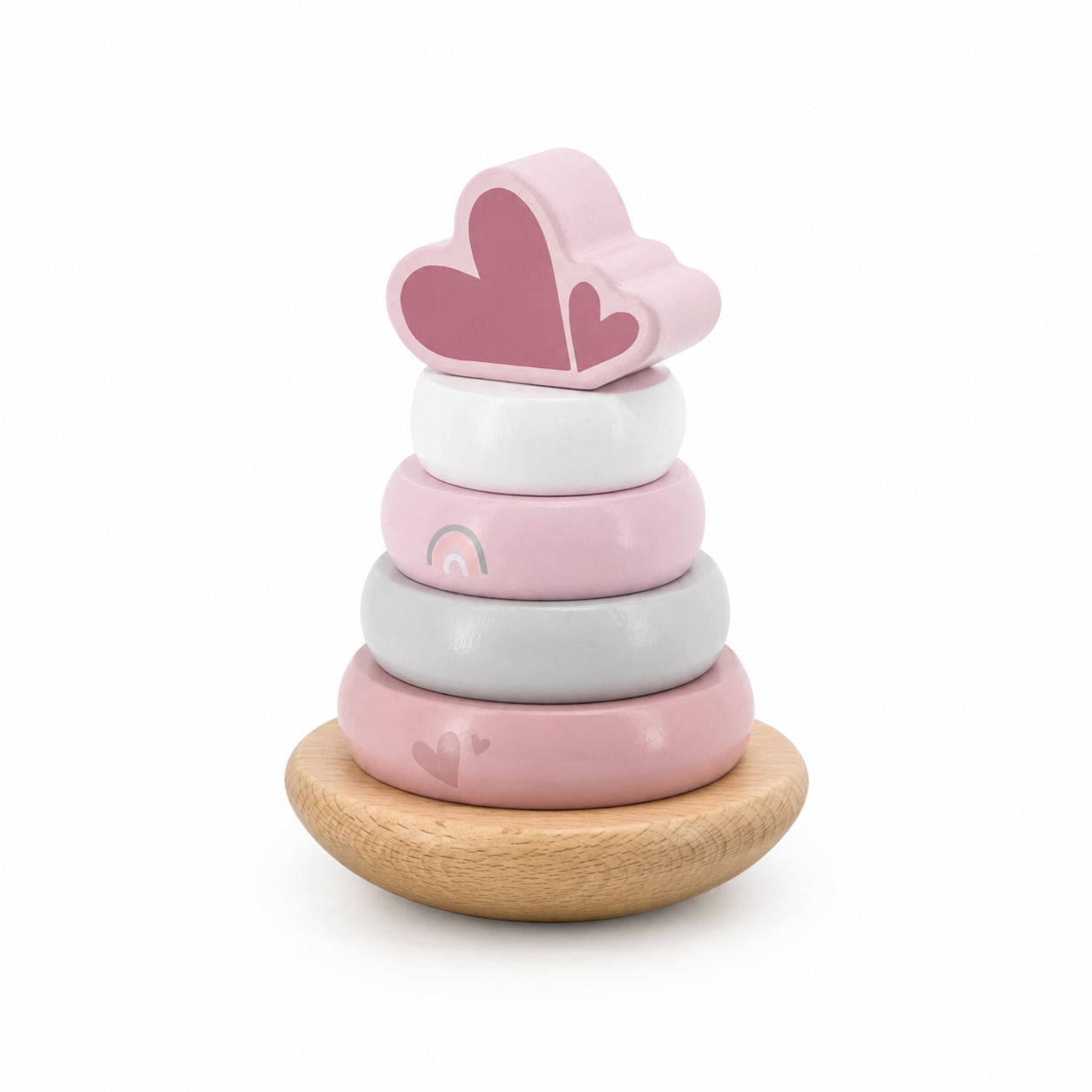 Label Label Stapelturm Balance Rosa aus Holz für Babys und Kleinkinder auf weißem Hintergrund