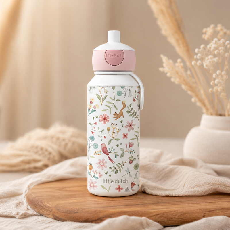 Little Dutch Trinkflasche Fairy Wonders mit rosa Mepal Verschluss auf Holzbrett vor warmem Kinderzimmer-Hintergrund