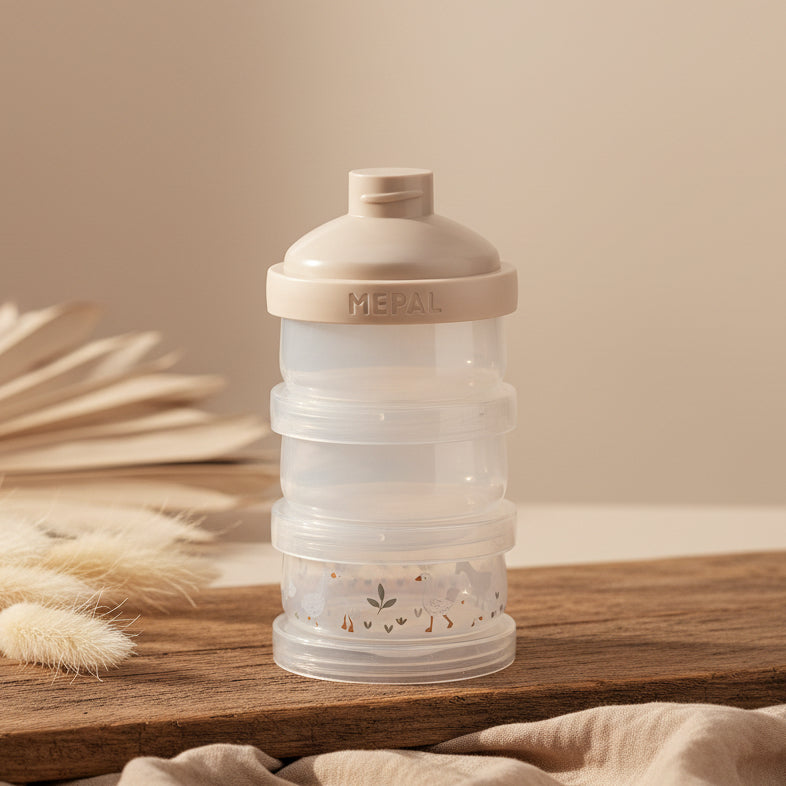 Dreiteiliger Milchpulverturm fuer Baby Nahrung mit getrennten Portionsbehaeltern fuer unterwegs und zuhause