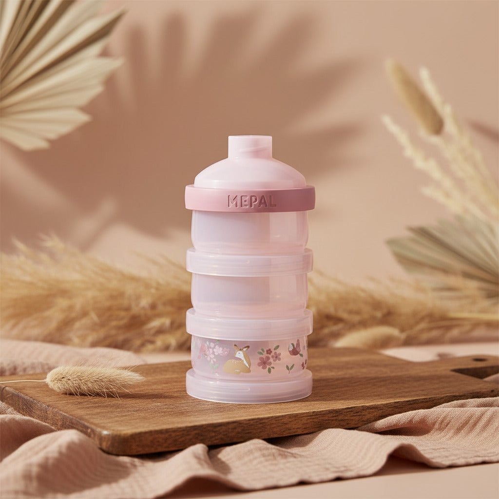 Dreiteiliger Milchpulverturm mit Fairy Garden Motiv fuer Baby Nahrung zum sicheren Portionieren und Mitnehmen unterwegs