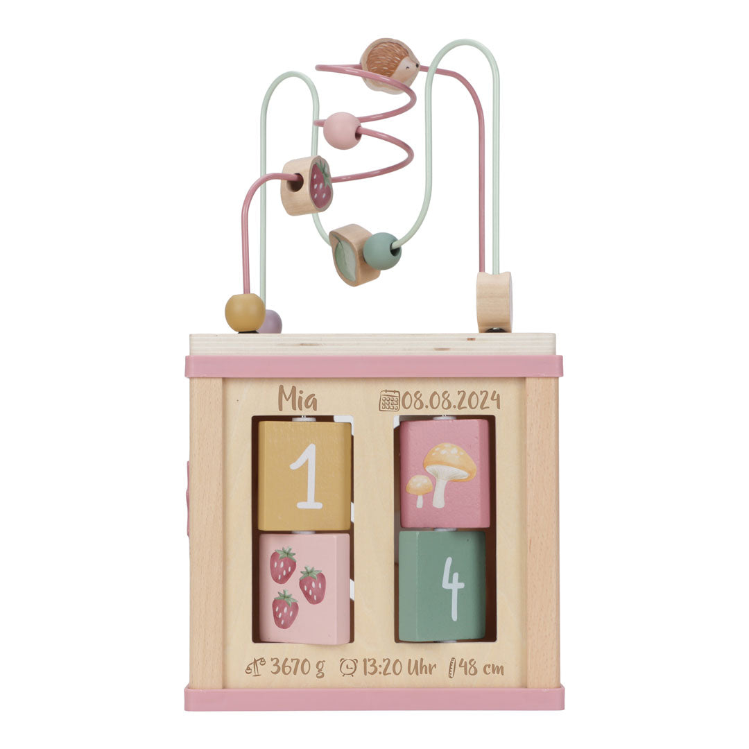 Personalisierter Motorikwürfel Fairy Garden aus Holz mit Name, Geburtsdatum, Uhrzeit, Gewicht und Größe. Hochwertiges Geschenk zur Geburt zur Förderung von Motorik, Kreativität und spielerischem Lernen.