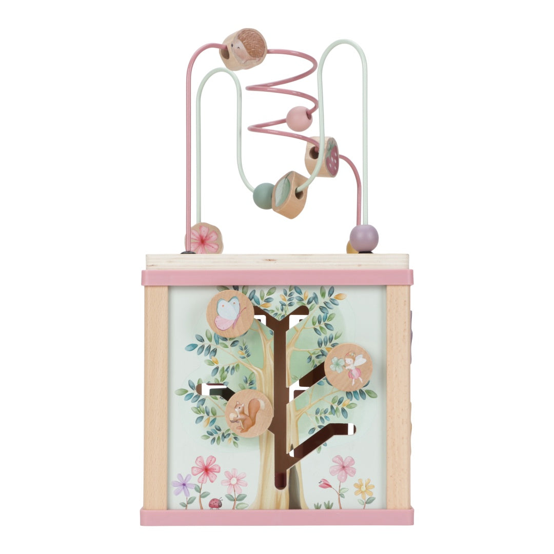 Motorikwürfel Fairy Garden aus Holz mit Perlenlabyrinth und drehbaren Spielelementen. Hochwertiges Motorikspielzeug zur Förderung von Feinmotorik, Konzentration, Hand-Auge-Koordination und kreativem Lernen bei Kindern.