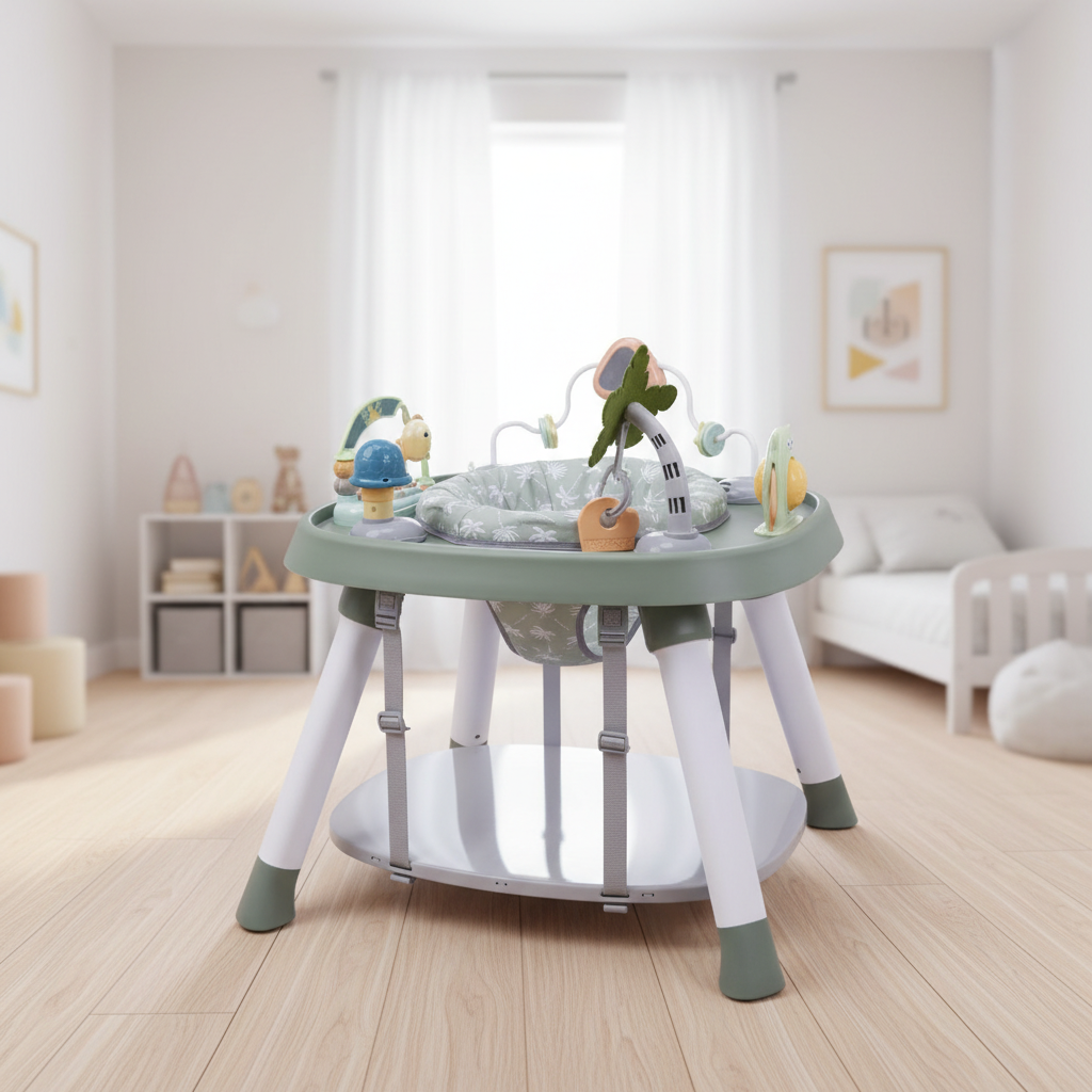 Multi Spielcenter in Gruen fuer Babys mit abwechslungsreichen Spielelementen zur Foerderung von Motorik, Sinneswahrnehmung und spielerischer Entwicklung