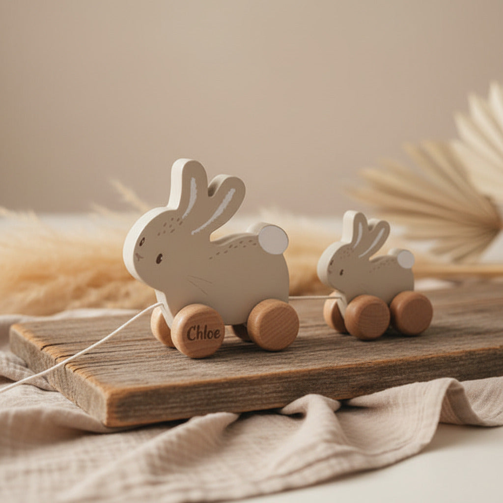 Jouet à traîner personnalisable en bois bébé lapin