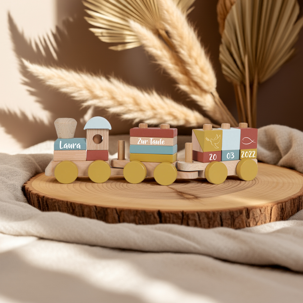 Persönliches Taufgeschenk aus Holz – Holzzug mit Name und Taufdatum dekorativ auf Holzscheibe präsentiert