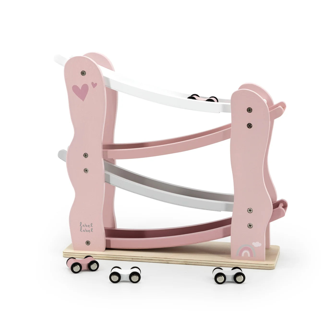Personalisierte Autorennbahn aus Holz in Rosa von Label Label mit 4 Holzautos als Geschenk zur Geburt
