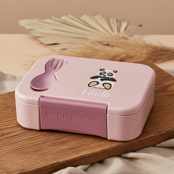 Personalisierte Bento Brotdose in Rosa mit individuellem Namen fuer Kindergarten, Schule und unterwegs mit praktischer Faechereinteilung