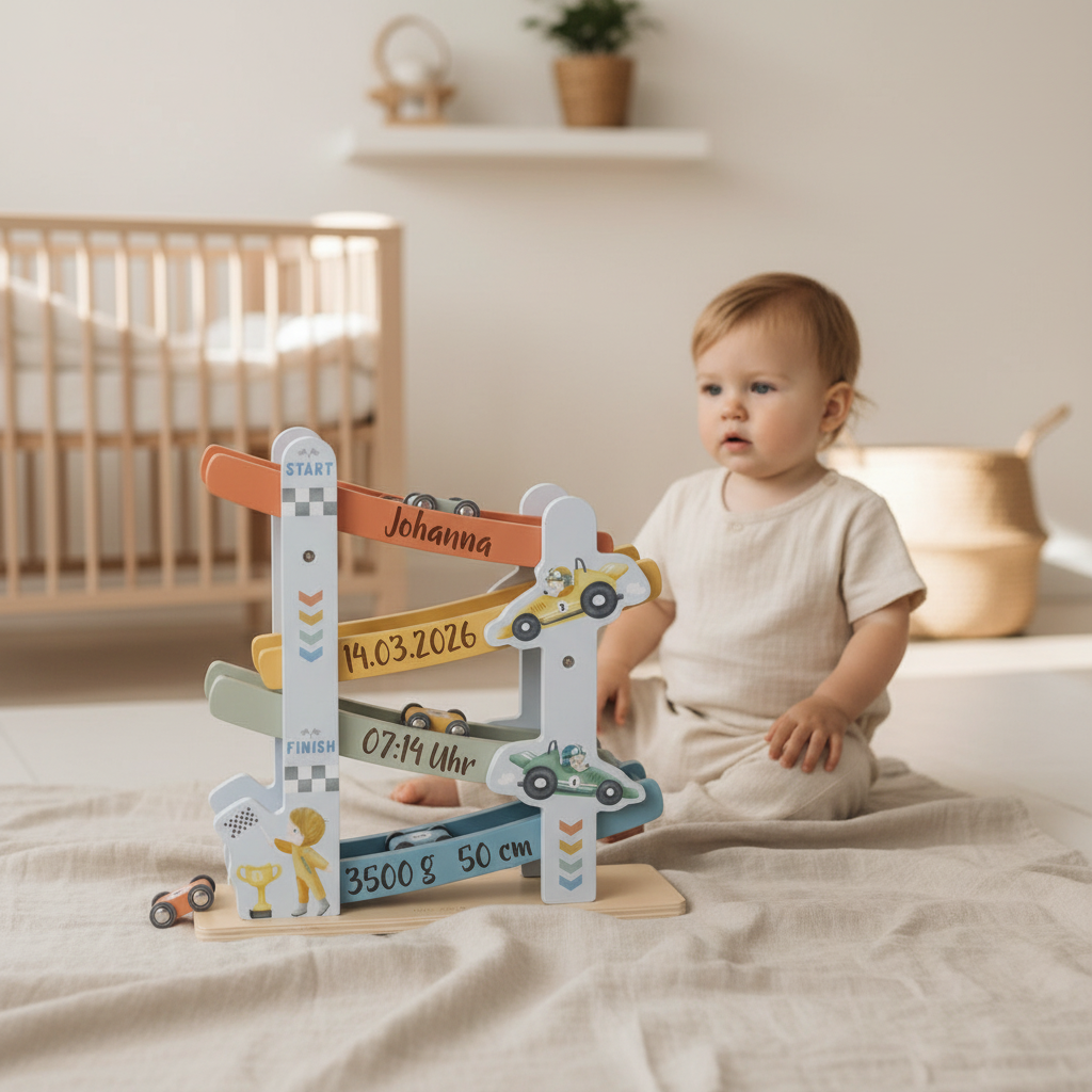Personalized wooden race track for birth - special gift for children