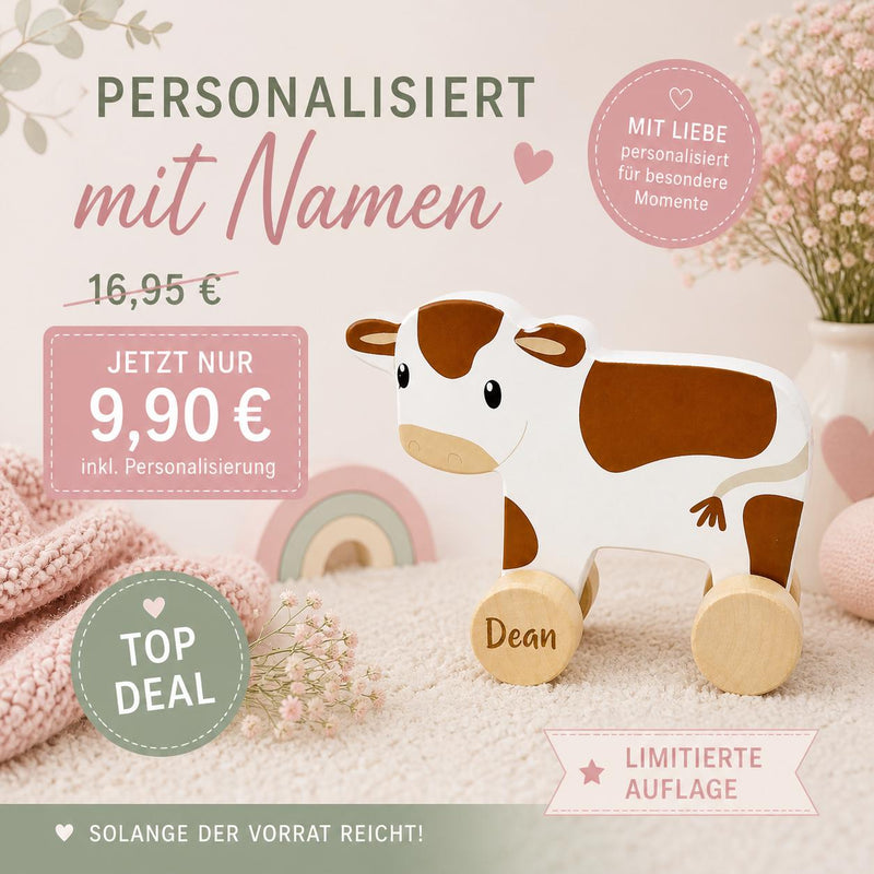 Personalisierte Ziehkuh aus Holz mit Name als Geschenk zur Geburt – hochwertiges Babyspielzeug liebevoll personalisiert bei Schmatzepuffer