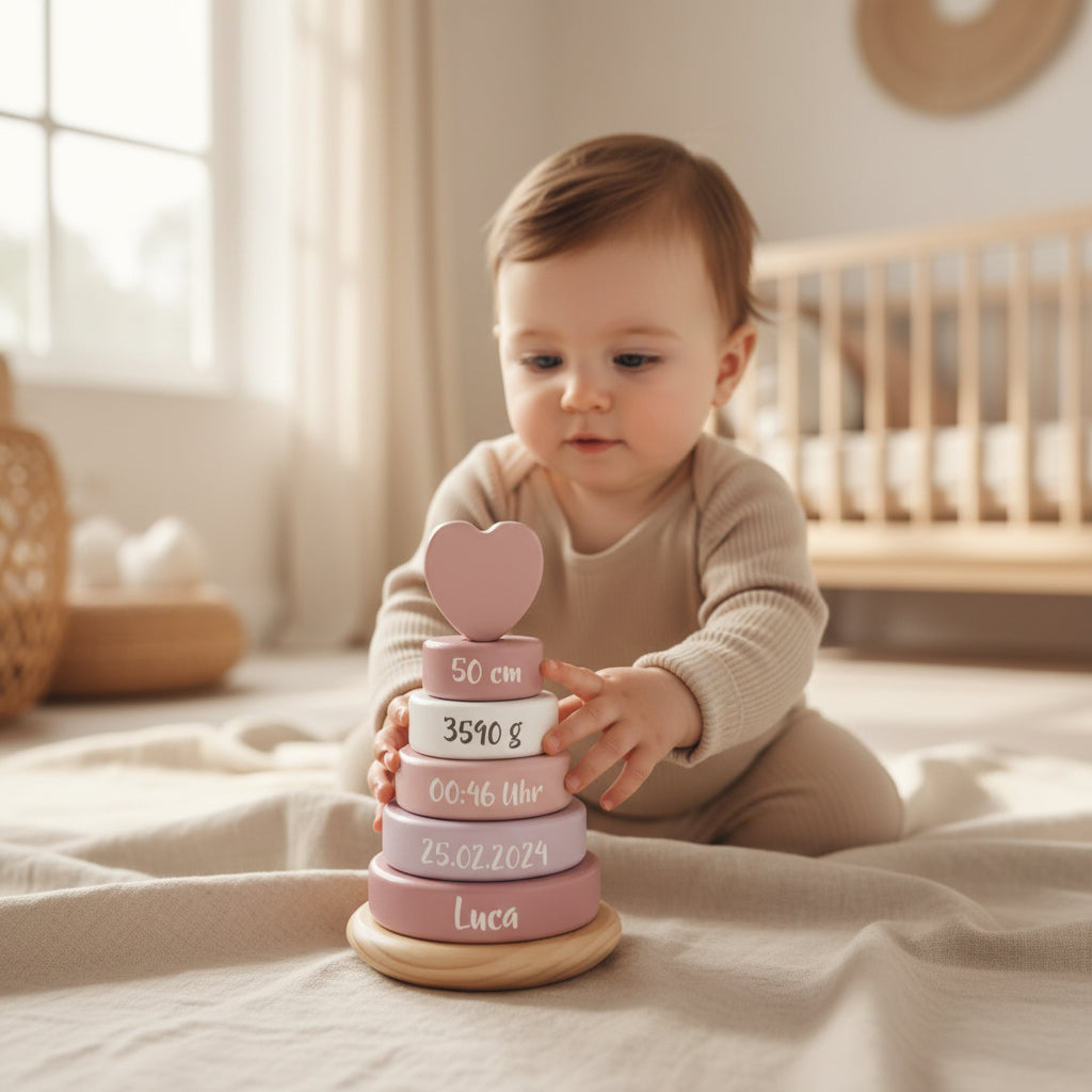 Personalisierter Holz Stapelturm in Rosa mit individuellem Namen zur Foerderung von Motorik, Hand Auge Koordination und spielerischem Lernen