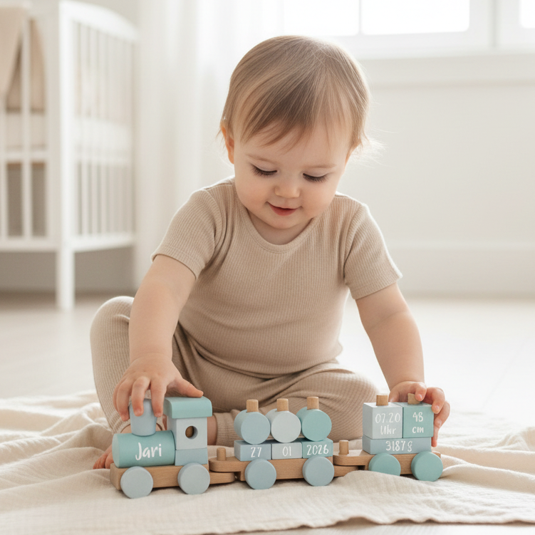 Personalized Wooden Train Blue - Birth Gift with Name | Schmatzepuffer
