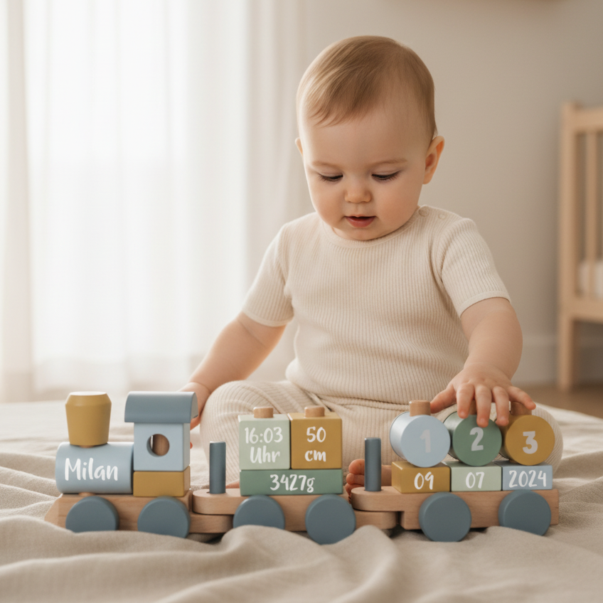 Baby sitzt im Kinderzimmer mit einem personalisierten Holzzug zur Geburt mit dem Namen Milan sowie Geburtsdatum, Uhrzeit, Größe und Gewicht in Blau, Salbei und Naturholz.
