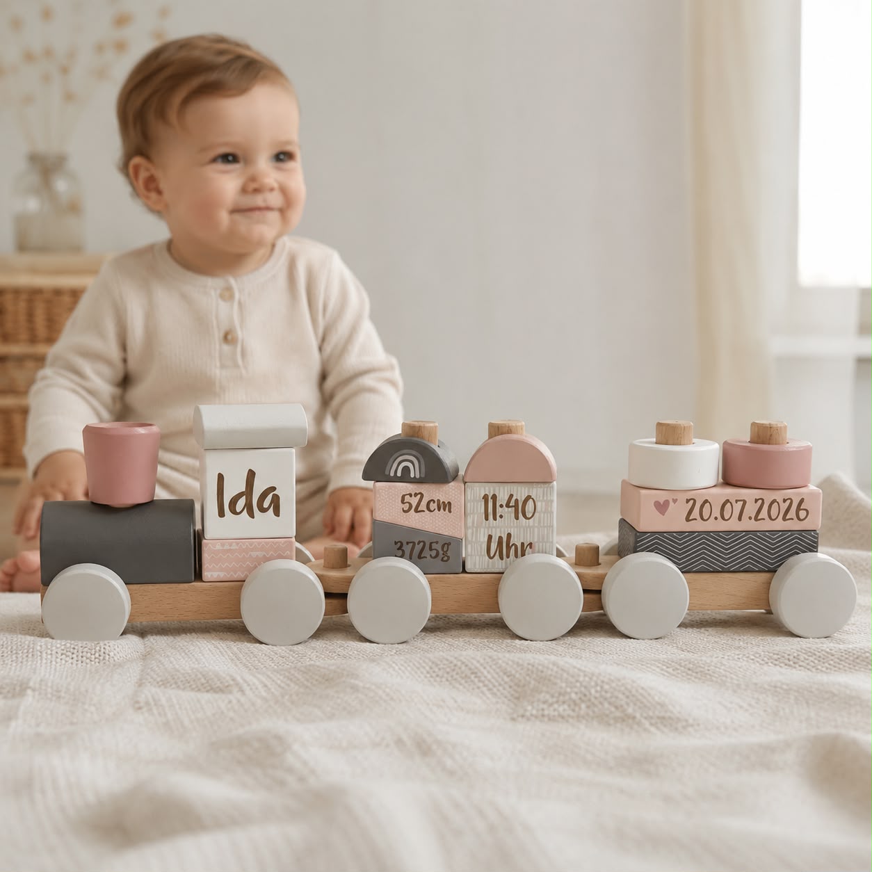 Personalisierter Holzzug zur Geburt für Mädchen mit Name Ida sowie Geburtsdatum, Uhrzeit, Gewicht und Größe – hochwertiges Holzspielzeug als individuelles Geburtsgeschenk von Schmatzepuffer aus Bocholt in Nordrhein-Westfalen.