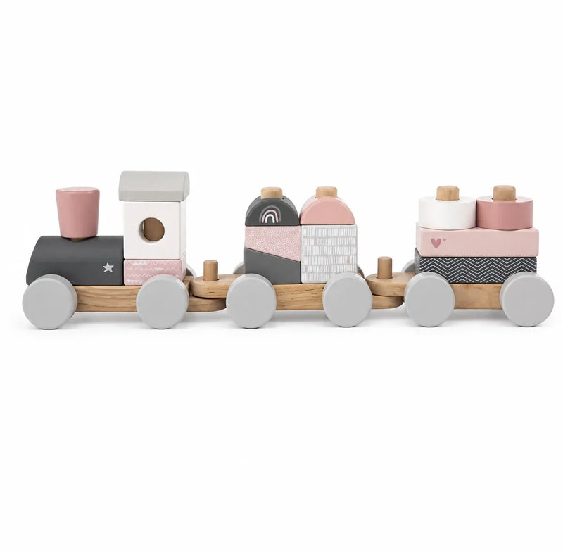 Personalisierter Holzzug zur Taufe von Label Label in Rosa mit Name und Taufdatum Detailansicht