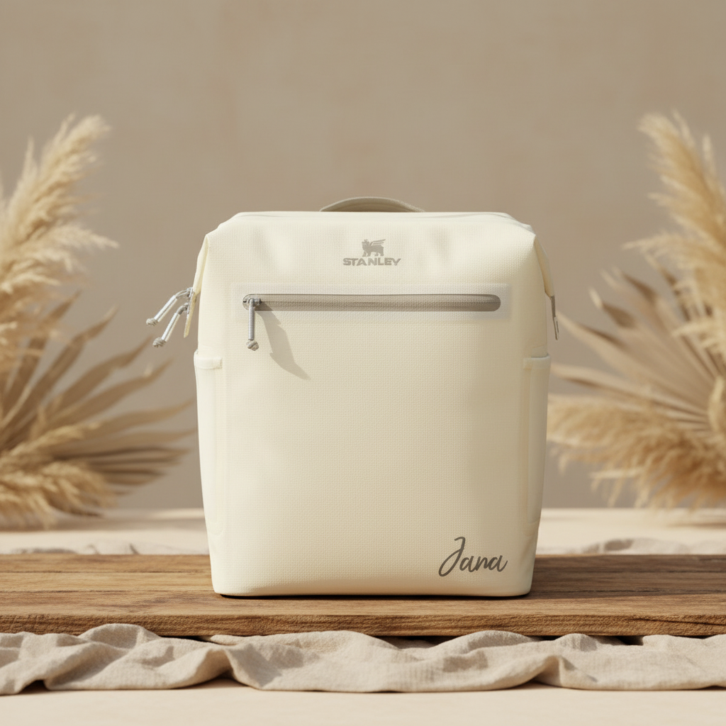 Personalisierter Kuehlrucksack in Creme mit individueller Namensgravur fuer Picknick, Camping, Ausfluege und gekuehlte Getraenke unterwegs
