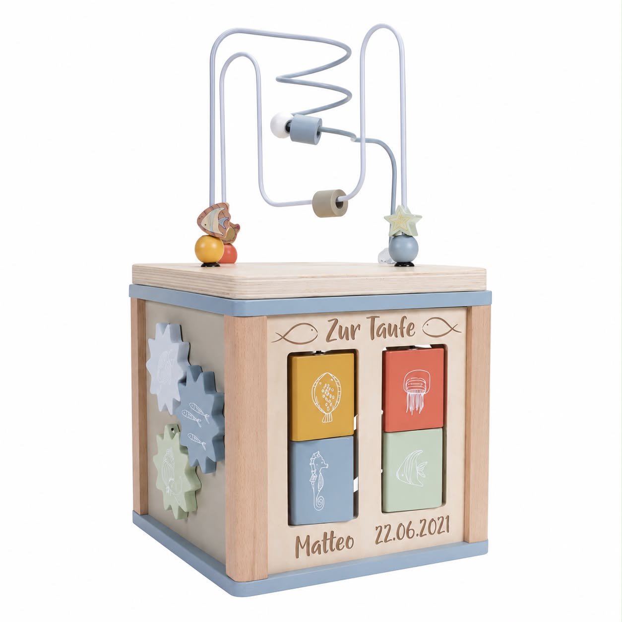 Personalisierter Motorikwürfel Ocean aus Holz mit Name und Taufdatum graviert – hochwertiges Taufgeschenk für Jungen mit spielerischer Förderung der Feinmotorik
